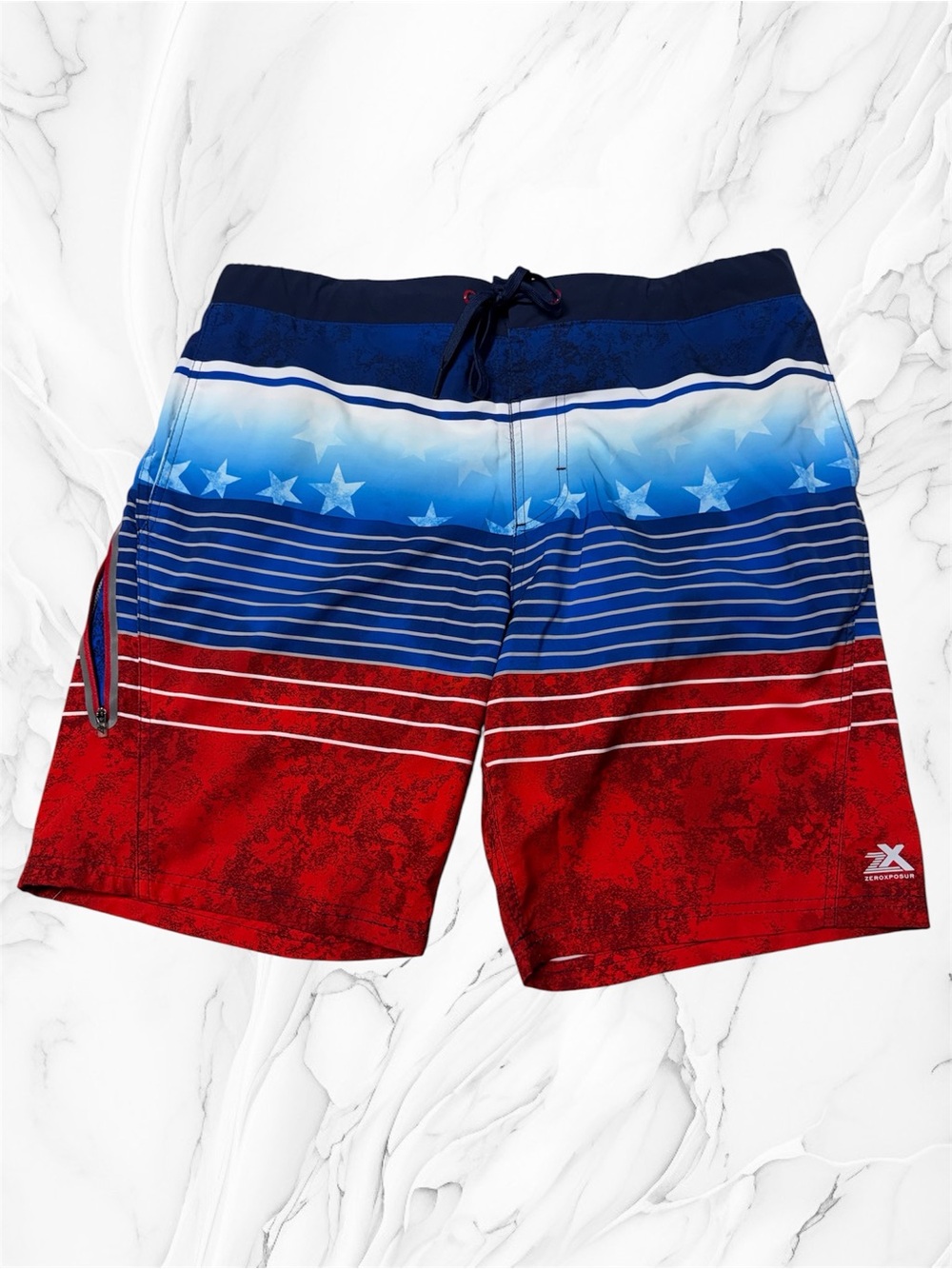 ZeroXposur Blue, Red & White Striped Swim Trunks